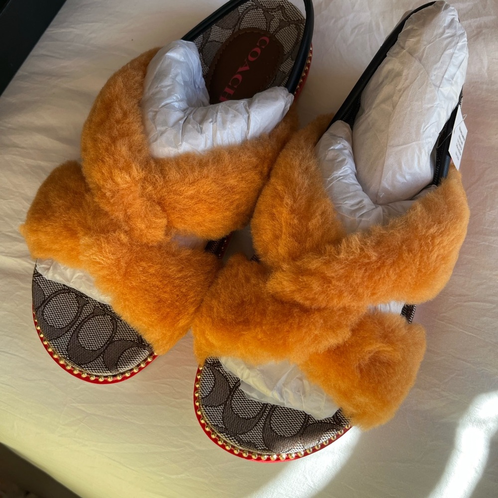 Coach Orange Fuzzy Slippers